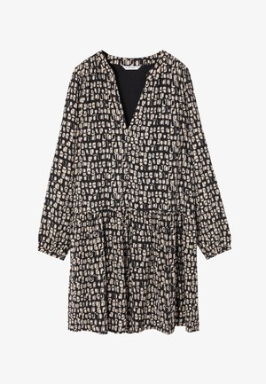 Mustmust ja beež mustriga kleit V-kaelusega, pikad varrukad ja kihiline volangiga hem; valmistatud kergest kangast, millel on sile tekstuur.