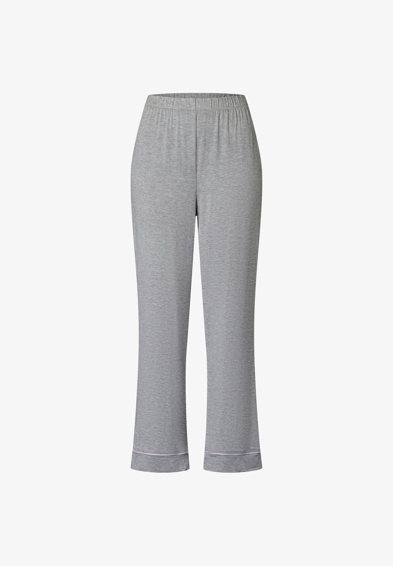 Grijze, middelhoge broek gemaakt van zachte stof met een elastische tailleband en flared benen. Bevat een subtiele paarse stiknaad aan de zoom.