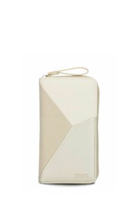 Twee portemonnees in beige met geometrisch ontwerp; voorzien van glad en textuurleer, ritssluiting en een polsband voor gemakkelijk mee te nemen.