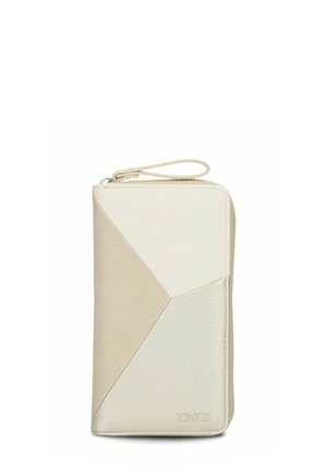 Twee portemonnees in beige met geometrisch ontwerp; voorzien van glad en textuurleer, ritssluiting en een polsband voor gemakkelijk mee te nemen.