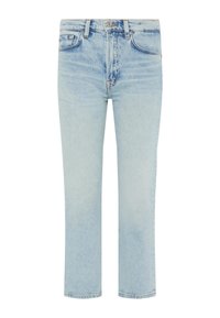 Jeans dritti di colore azzurro chiaro realizzati in denim. Presentano una chiusura frontale con bottone, passanti per cintura e cinque tasche. Texture sbiadita su tutta la superficie.