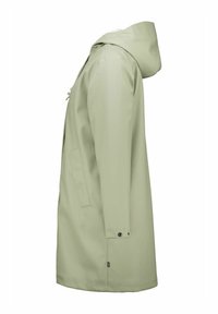 Light green waterproof coat with a hood, front pockets, and adjustable drawstring. Smooth texture; buttoned cuffs for secure fit.