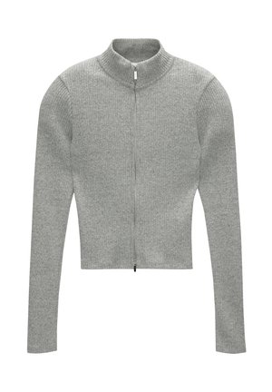 Hellgrauer, kürzer geschnittener Pullover mit hohem Kragen und vollem Reißverschluss. Verfügt über ein geripptes Muster und lange Ärmel, hergestellt aus weichem Strickmaterial.