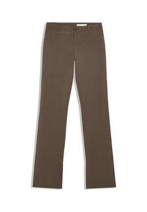 Pantalon droit marron avec passants pour ceinture et fermeture à bouton, posé à plat sur fond blanc.