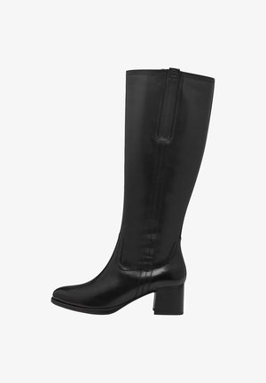 Bottines noires en cuir, montant jusqu'au genou, avec un bout carré, un talon bloc et des coutures discrètes. Texture lisse et design épuré.