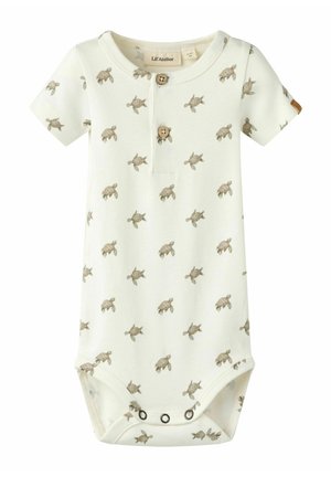 Body blanc à manches courtes pour bébé avec un imprimé tortue marron, deux boutons en bois sur la poitrine et trois pressions à l'entrejambe.
