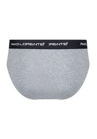 Szare bawełniane majtki z czarnym elastycznym pasem, z białym napisem logo. Gładka faktura i pełne pokrycie.