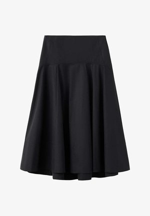 Gonna midi nera a linea A con cintura larga e morbide pieghe, realizzata in tessuto leggero.