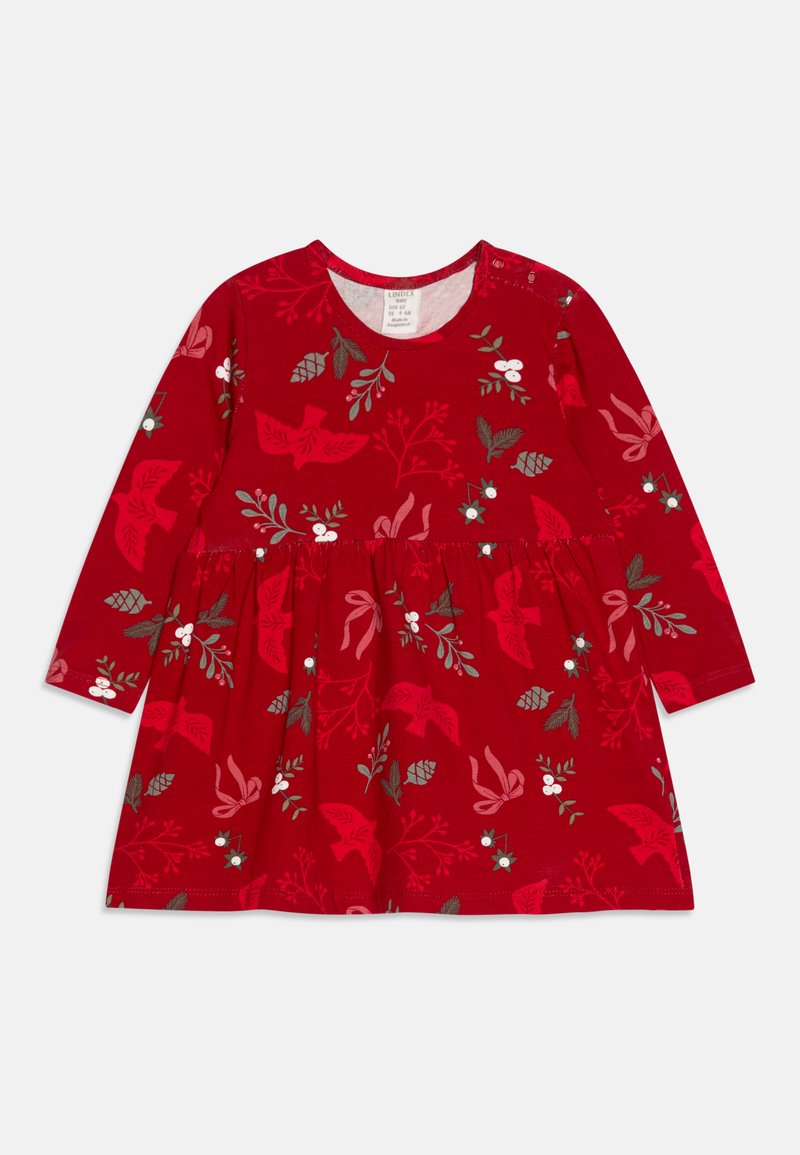 Long-sleeve dress in red fabric featuring floral and bird patterns, with a gathered skirt and button detail at the shoulder.