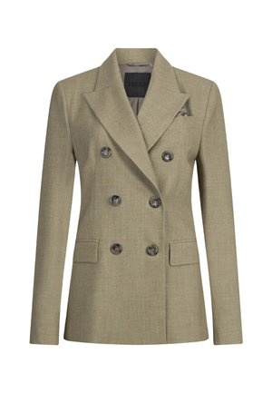 Blazer da donna beige doppiopetto con sei bottoni, revers a punta, maniche lunghe, tasche a patta sul fronte e un fazzoletto da taschino.