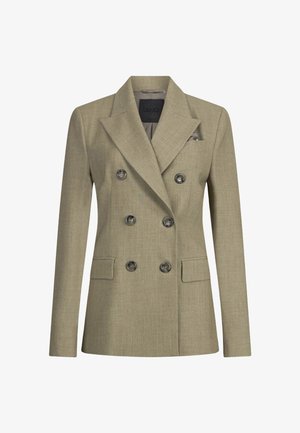 Blazer da donna beige doppiopetto con sei bottoni, revers a punta, maniche lunghe, tasche a patta sul fronte e un fazzoletto da taschino.