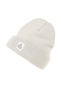 Light gray knitted beanie hat with a folded cuff, featuring a square logo patch on the front. Soft texture and snug fit.