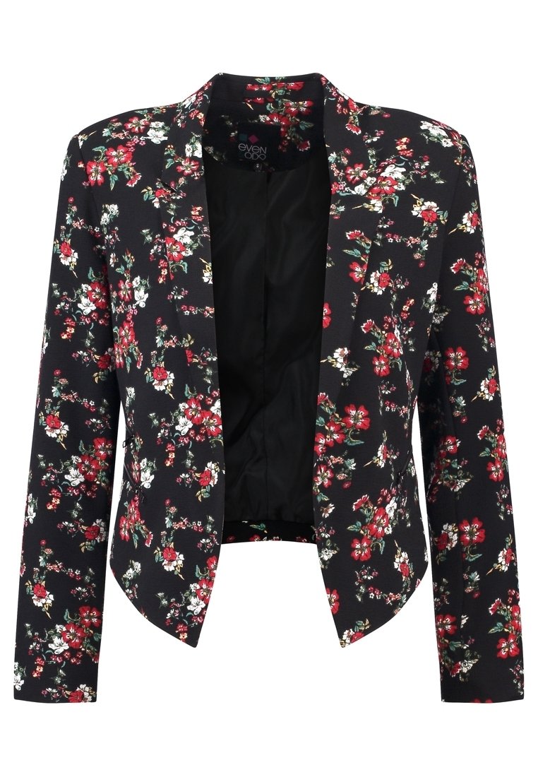Blazer noir pour femme avec un motif floral rouge, blanc et vert, devant ouvert, manches longues et longueur légèrement raccourcie.