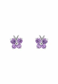 Pendientes en forma de mariposa que presentan cuatro piedras preciosas moradas engastadas en metal de tono plateado, con un acabado pulido y acentos de forma redonda.