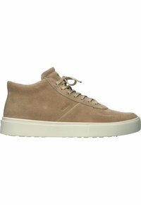 Zapatilla alta de ante beige con punta redonda, cordones planos y suela de goma blanca. Presenta una textura lisa y un diseño minimalista.