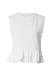 Haut sans manches blanc avec un col rond et un ourlet froncé à volants.