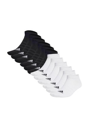 Zehn Paar Knöchelsocken in Schwarz und Weiß, mit einem gerippten Strickbund und dem Adidas-Logo in kontrastierender Farbe an der Seite.