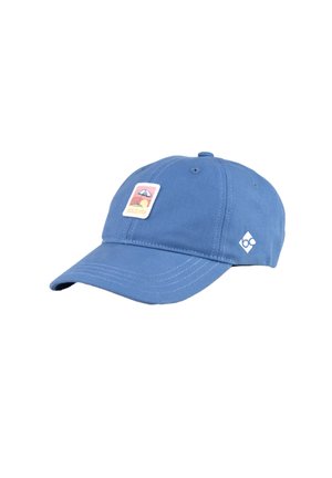 Blaues Baseballcap mit einem kleinen Aufnäher vorne, der einen Strandsonnenschirm, die Sonne und den Schriftzug "poolside" zeigt, und einem weißen Diamantlogo an der Seite.