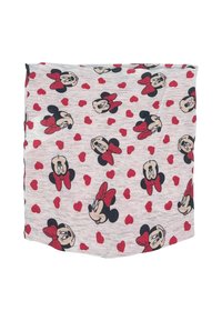 Stoff mit Minnie-Maus-Muster, der verschiedene Gesichter und rote Herzen auf einem hellgrauen Hintergrund zeigt, aus weichem, dehnbarem Material gefertigt.