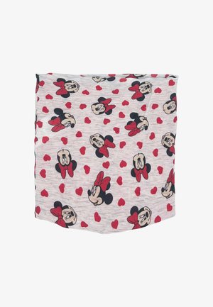 Tejido con un patrón de Minnie Mouse que presenta diversas caras y corazones rojos sobre un fondo gris claro, hecho de un material suave y elástico.