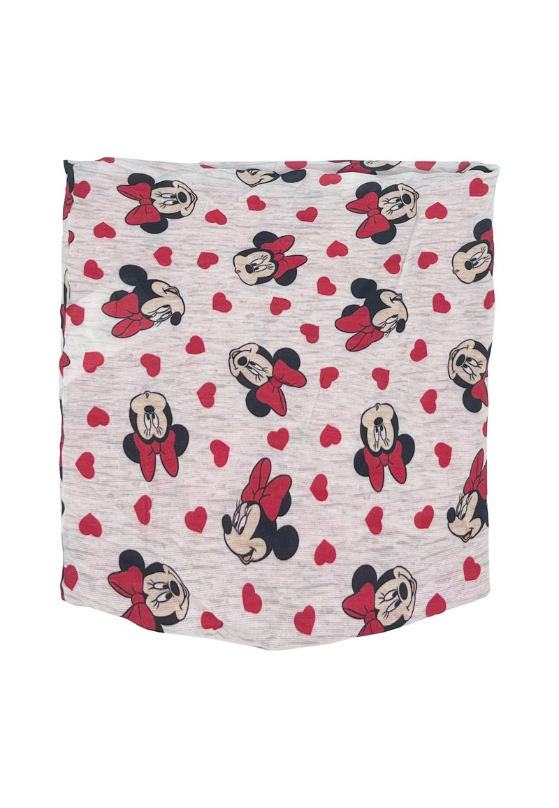 Stoff mit Minnie-Maus-Muster, der verschiedene Gesichter und rote Herzen auf einem hellgrauen Hintergrund zeigt, aus weichem, dehnbarem Material gefertigt.