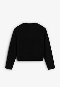 Suéter negro corto con mangas largas tipo raglán, cuello redondo y puños y dobladillo acanalados. Textura suave con un diseño minimalista.