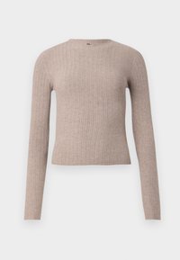 Pull en maille beige à manches longues côtelé avec encolure ronde, coupe ajustée et lignes verticales texturées sur un fond uni.