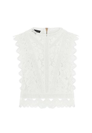 Weißes ärmelloses Spitzenoberteil mit Blumenmuster, gewellten Kanten und einem Reißverschluss auf der Rückseite.