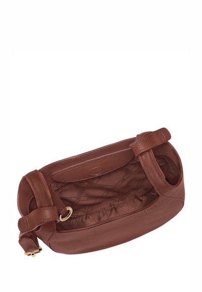 Brown leather handbag with smooth texture, rounded shape, and adjustable strap. Interior lined with patterned fabric, featuring a magnetic snap closure.