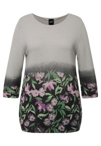 Grijs gestreepte lange mouwen top met een bloemenprint in paars en groen aan de onderste zoom. Zachte textuur met een ronde halslijn.