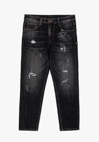 Zwarte denim jeans met een verouderd ontwerp, met meerdere scheuren en een zijkettingaccent. Rechstreeks model en een stof van gemiddelde gewicht.