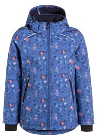 Veste bleue à motif floral en rose, orange et violet. Dotée d'une fermeture éclair à l'avant, d'une capuche et de deux poches latérales avec des accents noirs.