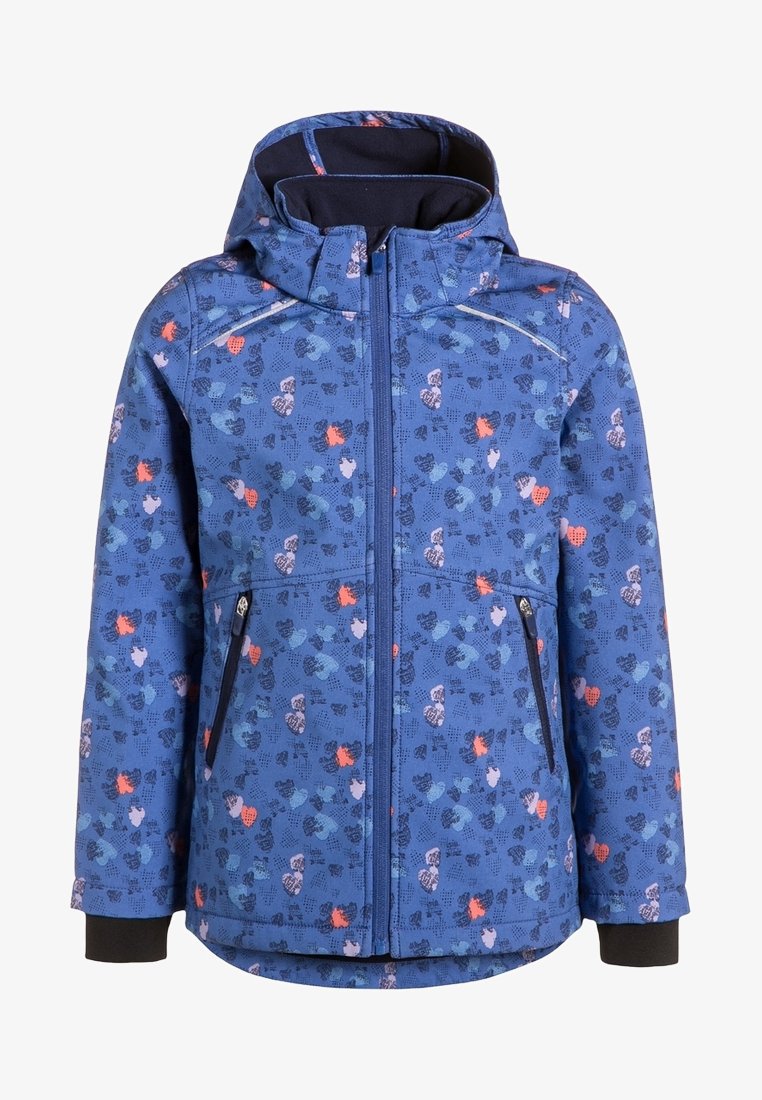 Blue jacket with a floral pattern in pink, orange, and purple. Features a zippered front, hood, and two side pockets with black accents.