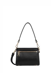 Borsa a tracolla nera in pelle con un design strutturato. Presenta un manico superiore, hardware dorato e una tasca con zip anteriore per un tocco in più.