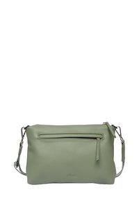 Borsa a tracolla in pelle verde con finitura testurizzata, chiusura superiore con zip e tasca frontale con zip. Presenta una tracolla regolabile e un logo discreto.