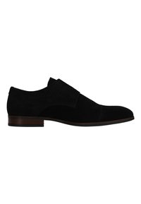 Zwarte suède schoenen met een gladde en gestructureerde oppervlakte, met een klassiek ontwerp, ronde neus en een lage gestapelde hak.