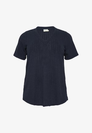 Navy blue short-sleeve V-neck top made of textured knit fabric, featuring vertical stripes and a relaxed fit.