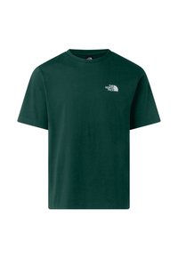 Camiseta verde de manga corta hecha de algodón, con un pequeño logo blanco en el lado izquierdo del pecho. Cuello redondo clásico y diseño de dobladillo recto.