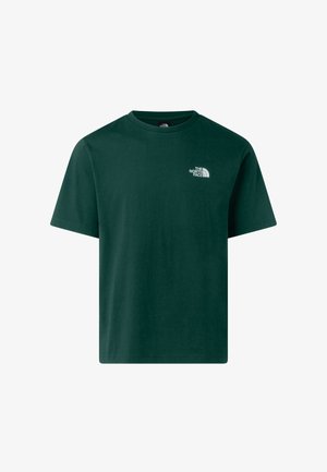 Grünes T-Shirt mit kurzen Ärmeln aus Baumwolle, mit einem kleinen weißen Logo auf der linken Brust. Klassischer Rundhalsausschnitt und gerader Saum.