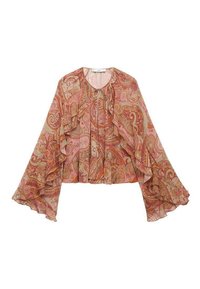 Roze en oranje blouse met paisleypatroon, voorzien van gerimpelde mouwen, lichtgewicht stof en een ronde hals met een trekkoorddetail.