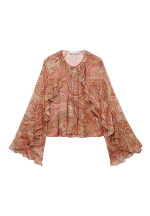 Roze en oranje blouse met paisleypatroon, voorzien van gerimpelde mouwen, lichtgewicht stof en een ronde hals met een trekkoorddetail.