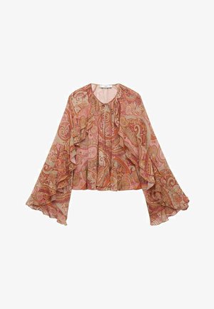 Blusa con motivo paisley rosa e arancione, con maniche a volant, in tessuto leggero e colletto rotondo con dettaglio a coulisse.