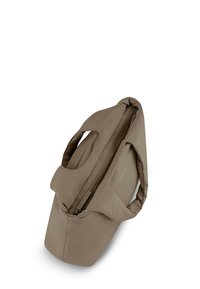 Miękka, tapicerowana torba typu tote w kolorze taupe z podwójnymi uchwytami i widocznym zamkiem błyskawicznym, na białym tle.