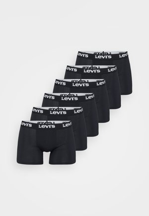 Seis calzoncillos boxer negros de Levi's con cinturillas elásticas blancas y negras con la marca, dispuestos en una fila escalonada sobre un fondo liso.