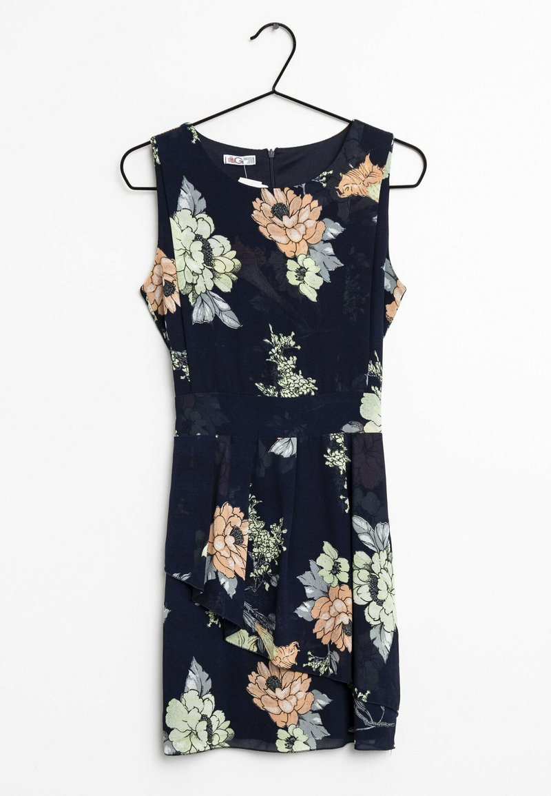 Robe florale en tissu léger, présentant un fond bleu marine avec des motifs floraux orange et verts, sans manches et avec des détails plissés.
