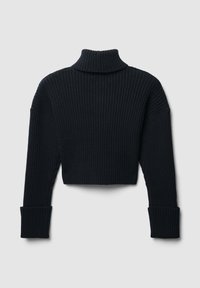 Maglione nero a collo alto a coste, design corto, con maniche lunghe a risvolto e collo alto per calore e copertura.