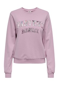 Roze sweatshirt met de tekst "HARVEST MARKET" in kleurrijk patroon. Heeft een ronde halslijn en lange mouwen met cuffs. Zacht materiaal.