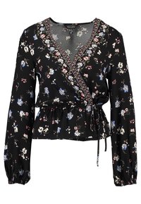 Top avvolgente nero con maniche lunghe, caratterizzato da una vita a peplo, motivi floreali blu e bianchi, e una scollatura a V con rifiniture decorative.