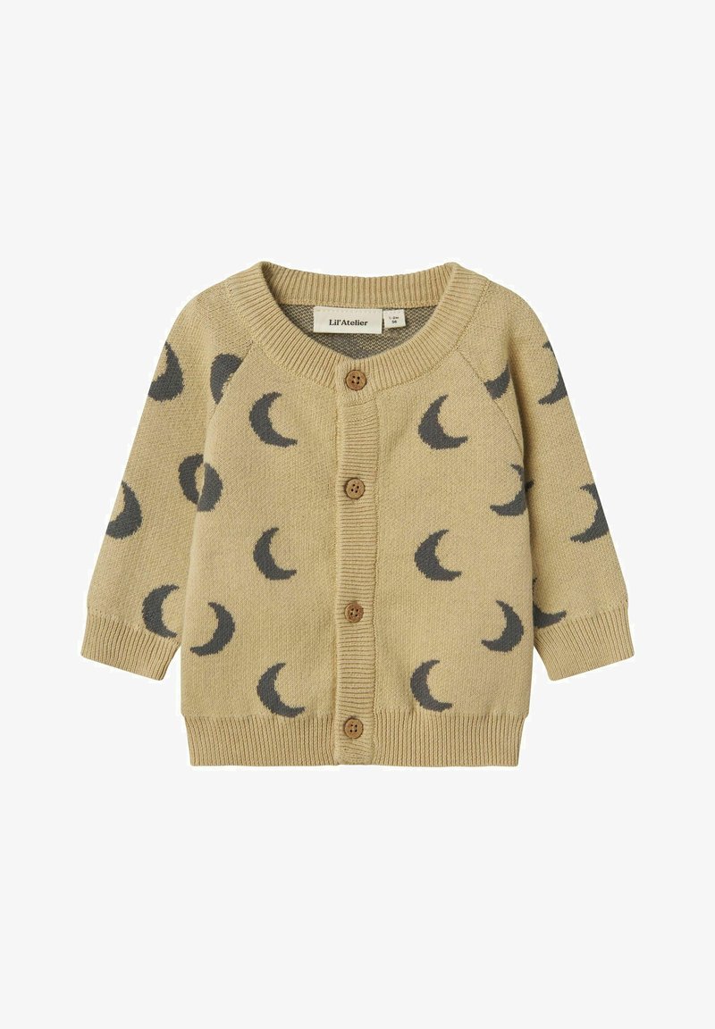 Cardigan lavorato a maglia beige con motivi a mezzaluna grigio scuro, cinque bottoni in legno e polsini e bordo a coste.