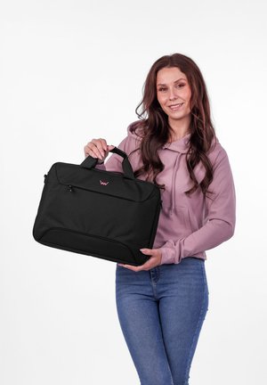 Schwarze Laptoptasche mit zwei Obergriffen, einem Reißverschluss und einer Fronttasche; glattes Gewebe mit subtilen Logodetails.